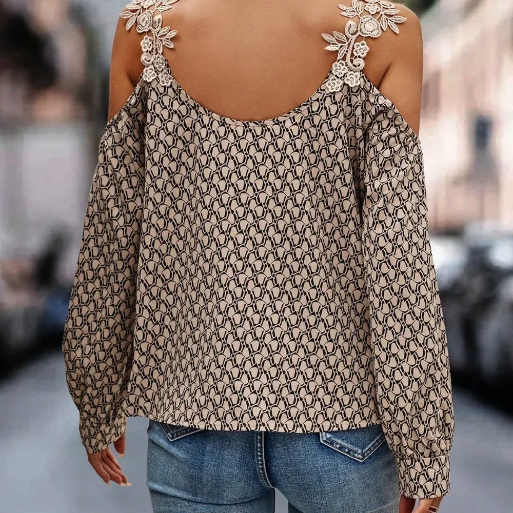 Khaki Casual Womens Contrast Lace Cold Shoulder Blouse